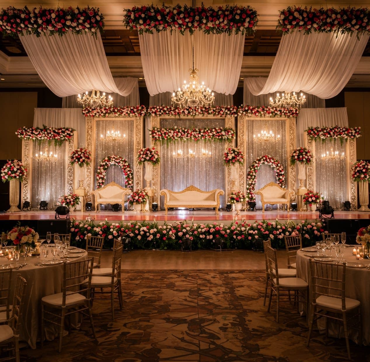 Grand ballroom wedding stage with chandeliers and rose pillars