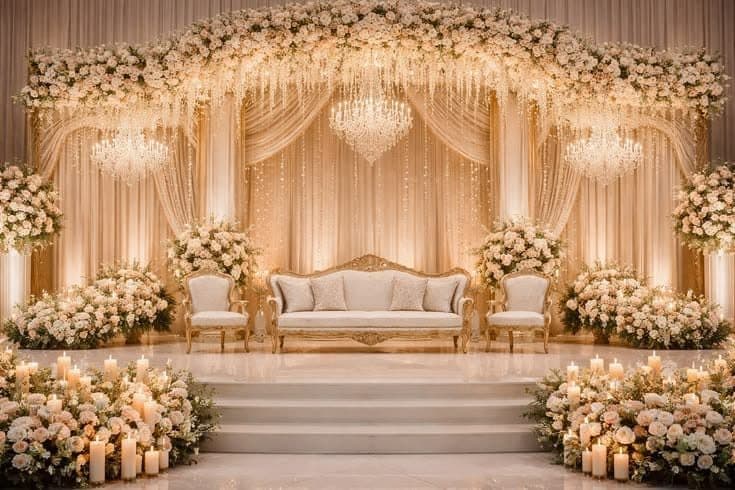 Champagne-toned luxury stage with crystal chandeliers and white florals