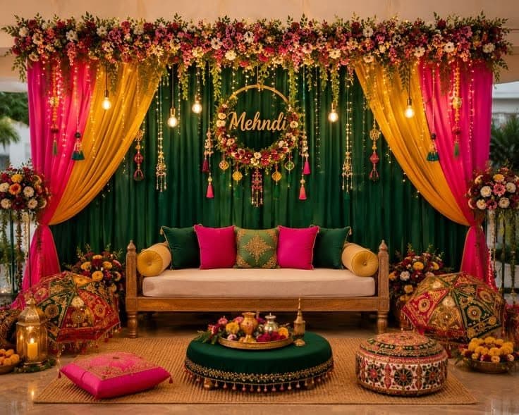 Mehendi lounge with emerald drapes and jewel-toned cushions