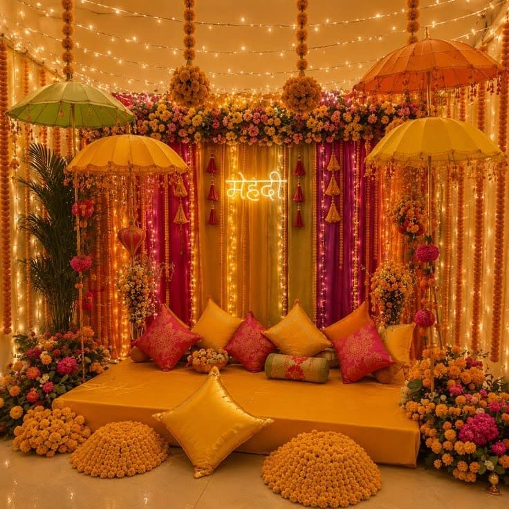Mehendi ceremony decor with yellow umbrellas and marigold cushions