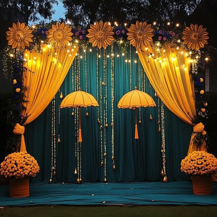Teal backdrop with sunflowers, parasols and golden drapes