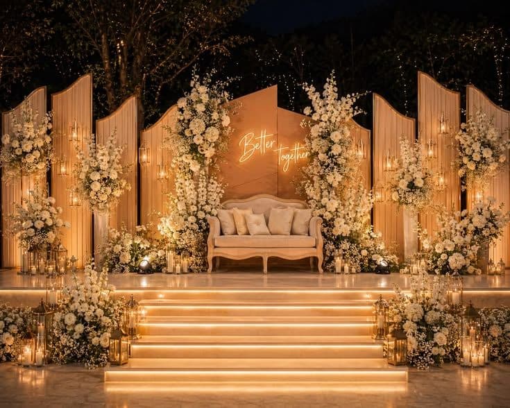 White floral stage with lit steps and a neon sign