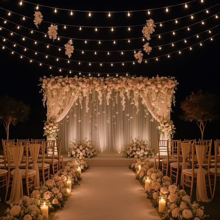White wedding aisle under string lights at night