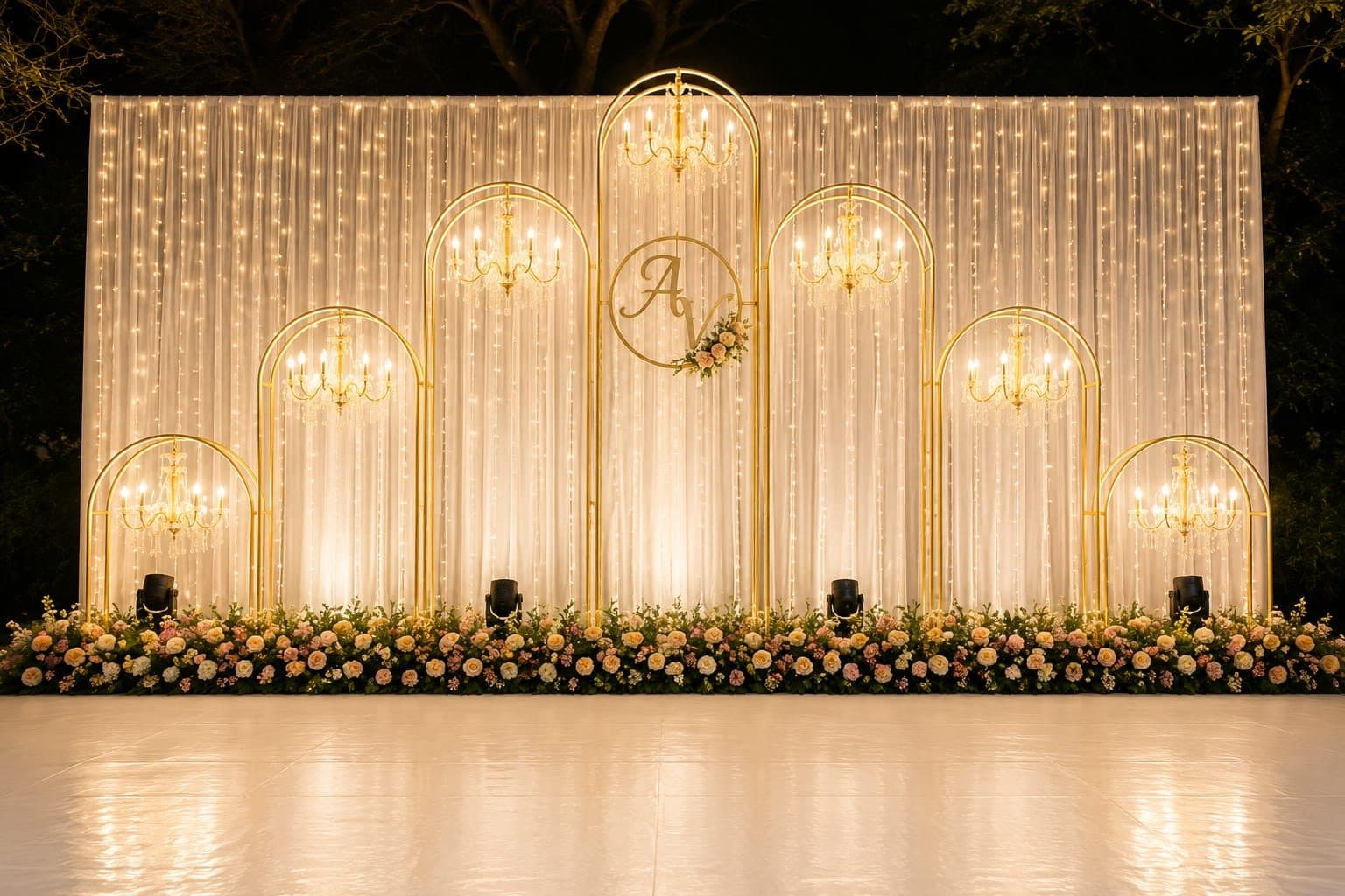 Golden arched backdrop with a floral monogram, glowing softly at night