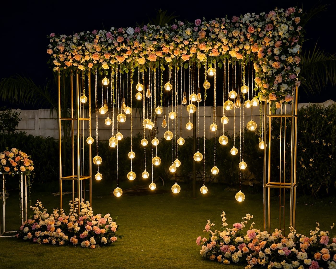 Hanging glass lanterns glowing along a floral arch at an Airava outdoor event